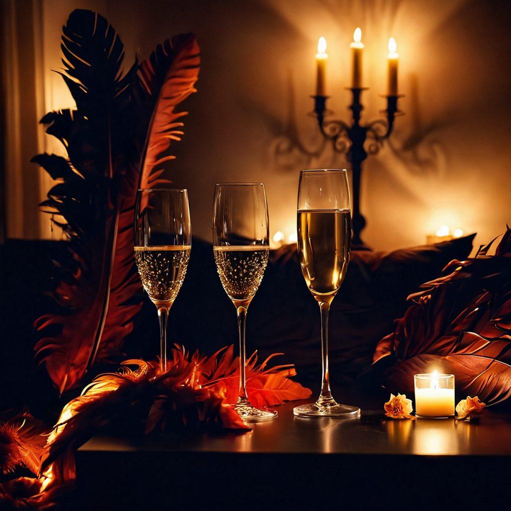 A dimly lit room adorned with luxurious fabrics, plush cushions, and flickering candles casting soft shadows. A hint of playful mystery with a silhouette of a couple in a seductive pose, surrounded by playful props like feathers and champagne glasses. The ambiance should evoke warmth and intimacy, inviting the viewer to embrace their wild side. It captures both the sensual and naughty elements beautifully. super-realistic. vibrant colors. warm tones.