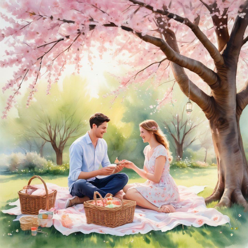 A warm and inviting scene of a couple playfully engaging in a picnic under a blooming cherry blossom tree, surrounded by soft pastel colors and twinkling fairy lights. The couple is laughing and sharing a heartfelt moment, with a picnic basket filled with delicious treats. A gentle breeze is rustling the petals, creating a romantic atmosphere. watercolor painting, soft focus, pastel colors.