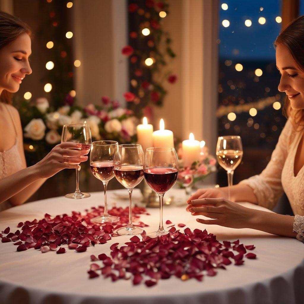 A cozy candlelit dinner setting with two elegantly set tables, adorned with rose petals and soft lighting. In the background, a couple engaged in a playful dance, capturing warmth and joy. The scene is imbued with soft, dreamy colors and romantic details like wine glasses and a starry night sky. super-realistic. warm tones. soft focus.